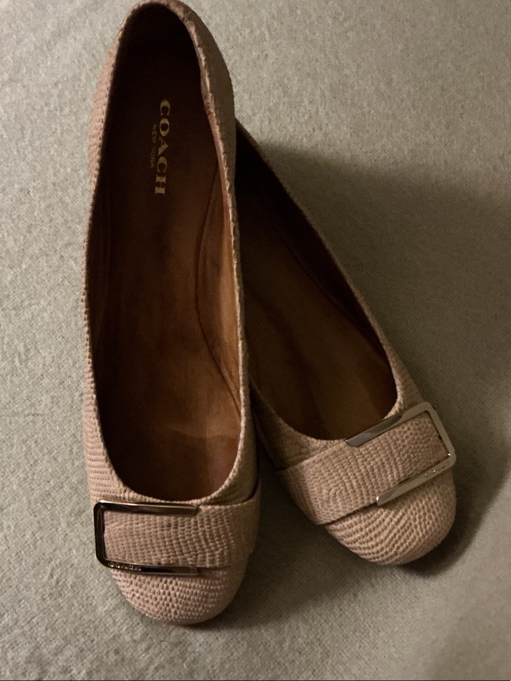 Coach Beige Textured Buckle Ballet Flats